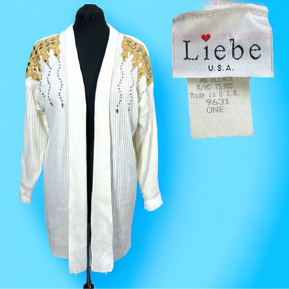 VTG 90's Liebe USA Cream/Ivory Mid Length Cardigan w/ Gold Lace & Gems One Size